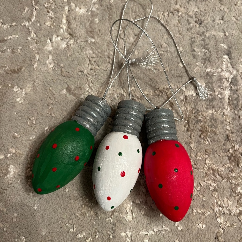 Handpainted Christmas Light Bulb Ornaments Set of Three